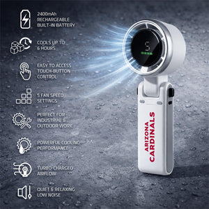 AlphaCool handheld fan with Arizona Cardinals logo and feature list