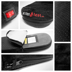ActionHeat heated slipper details showing power switch, battery compartment, zipper, and non-slip sole texture