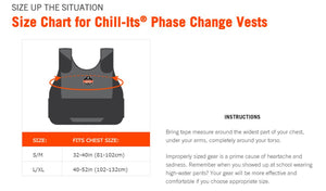 Chill-Its phase change vest size chart showing chest measurements for small medium and large extra large sizes