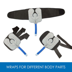 Three cold therapy wraps with blue hoses for various body parts