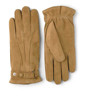 Hestra tan suede leather gloves with wrist strap and snap button