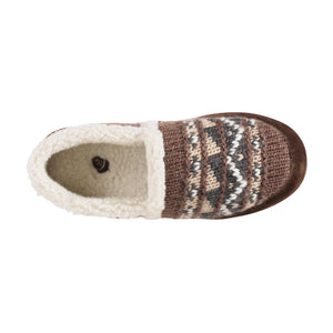 Acorn brown knit slipper with white fleece lining and geometric pattern