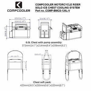 Compcooler motorcycle rider solo ice chest cooling system technical dimensions diagram