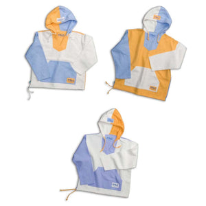 Three Ragz brand color blocked hooded towels in yellow white and blue