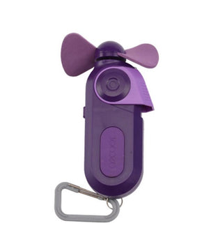 Purple O2Cool handheld portable fan with carabiner clip