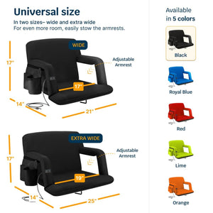 Diagram showing wide and extra wide stadium seat dimensions and five available color options