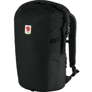 Black Fjallraven roll top backpack with side pocket and shoulder straps