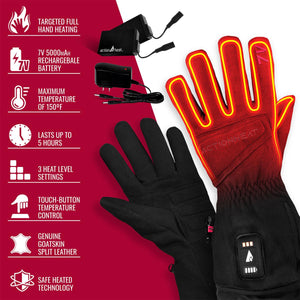 ActionHeat heated gloves with battery and charger featuring technical specifications and features list