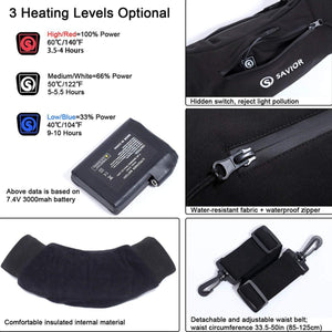 Savior Heat heated waist pack features three heat settings, battery, waterproof zipper, and adjustable belt