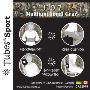 Tubes Sport 3 in 1 multifunctional gear showing handwarmer seat cushion and portable pillow roll functions