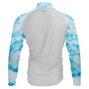Back view of a Mobile Cooling long sleeve quarter zip shirt with white mesh body and blue water pattern sleeves