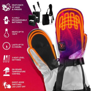 Aheata heated mittens with battery and feature list including heat levels and temperature control