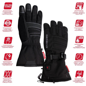 Gerbing black heated gloves with feature icons detailing Microwire technology and battery specifications
