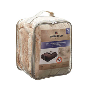Woolrich queen size plush to berber heated blanket in clear zippered storage bag