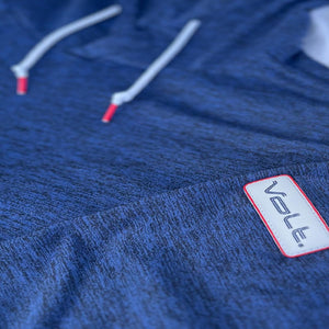 Blue heathered Volt Heat hoodie with white drawstring and Volt logo patch