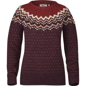 Fjallraven womens burgundy wool sweater with cream and rust zig zag yoke pattern