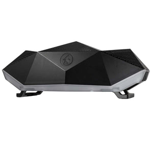 Black geometric shaped portable speaker with Bigfoot logo