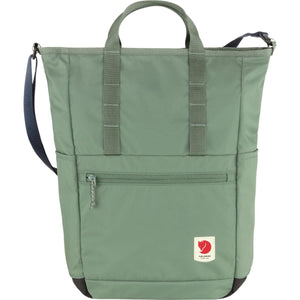 Fjallraven green tote pack with top handles and shoulder strap