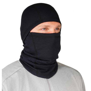 Person wearing a black balaclava covering the head and neck