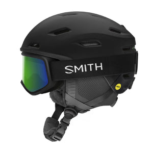 Matte black Smith ski helmet with green tinted goggles and Mips safety technology