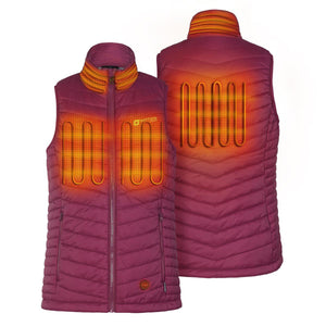 Venture Heat purple quilted heated vest showing front and back heating element zones