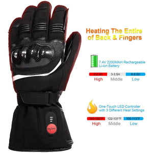 Black heated motorcycle glove with battery life and temperature setting charts