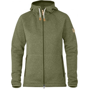 FjallRaven olive green fleece hoodie with front zipper and side pockets