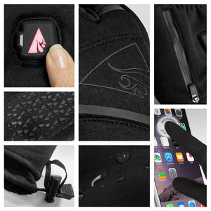 Close up details of black heated gloves showing power button, grip texture, zipper pocket, and touchscreen compatibility
