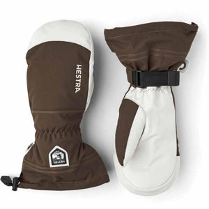 Hestra brown and white insulated mittens with wrist straps