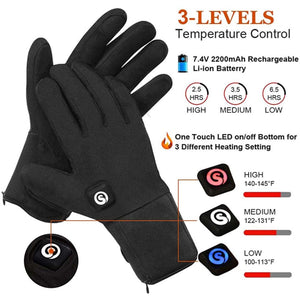 Black heated gloves with three temperature settings and rechargeable battery specifications