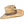 Straw cowboy hat with a brown leather band and a circular metal accent