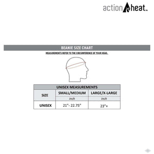 ActionHeat unisex beanie size chart showing head circumference measurements for small medium and large extra large sizes