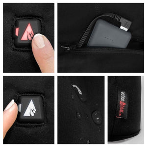 ActionHeat heated garment features including power button, battery pack, and water resistant fabric