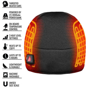ActionHeat heated beanie with feature list including ear heating, battery power, and temperature control settings