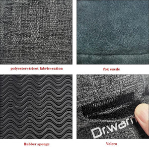 Four material samples including polyester tricot fabric, fox suede, rubber sponge, and Dr Warn velcro