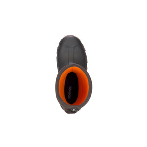 Top view of a brown Dryshod waterproof boot with a bright orange interior lining