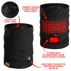 ActionHeat black heated neck gaiter with fleece lining, heating element, power bank pocket, and touch button control