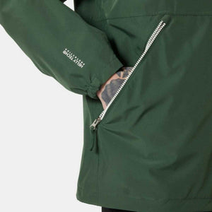 Close up of green Helly Hansen jacket sleeve with Helly Tech Protection logo and zippered pocket