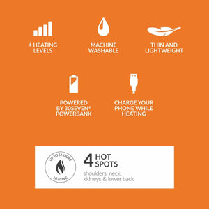 Features of 30Seven heated garment including four heating levels, machine washable, lightweight, and phone charging