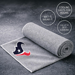 Grey Houston Texans cooling towel with text overlays explaining cooling benefits