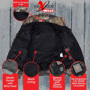 NexGen heated camo jacket interior features including hanging loop mesh lining media pocket and battery pack