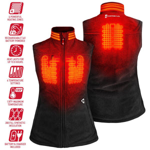 Gerbing heated vest showing four heating zones and battery features