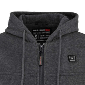 Close up of charcoal grey Radians heated hoodie with size small label and zipper pull