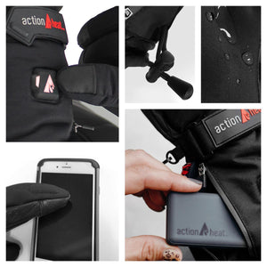 ActionHeat heated gloves showing power button, drawstring, water resistant fabric, touchscreen finger and battery pack