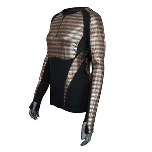 Seirus long sleeve base layer top with metallic brown patterned sleeves and black side panels