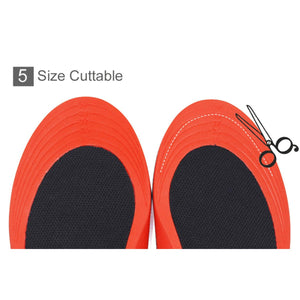 Red and black shoe insoles with size guide markings and scissors icon