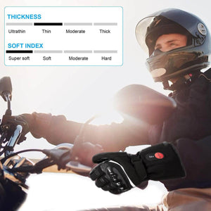 Motorcyclist wearing heated gloves with a chart showing thin thickness and soft index ratings