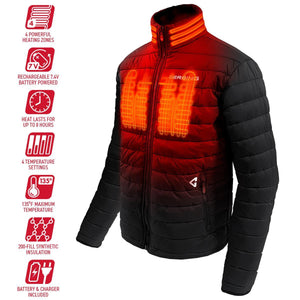 Gerbing black heated jacket with four heating zones and feature icons