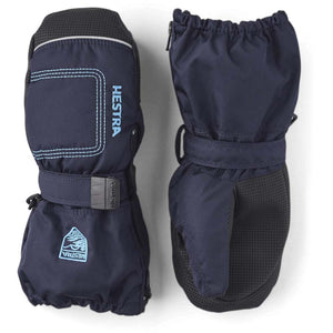 Hestra navy blue insulated mittens with adjustable wrist straps and textured palm grip