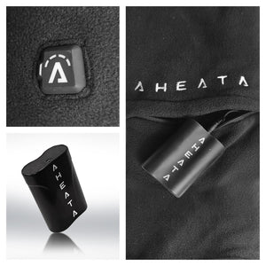 Aheata battery pack and power button on black fleece fabric